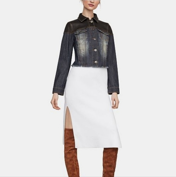 BCBGMaxAzria Maya Denim Blue Jean Jacket Black Lamb Leather Metal Womens Size XS - Picture 4 of 14